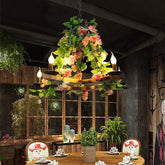 Candelabro de araña de metal verde vintage con 5 bombillas LED antiguas - Elegante lámpara de techo colgante de rosa para restaurantes